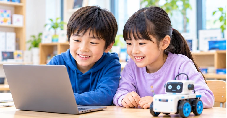 子どもたちがパソコンとロボットを楽しむ授業イメージ